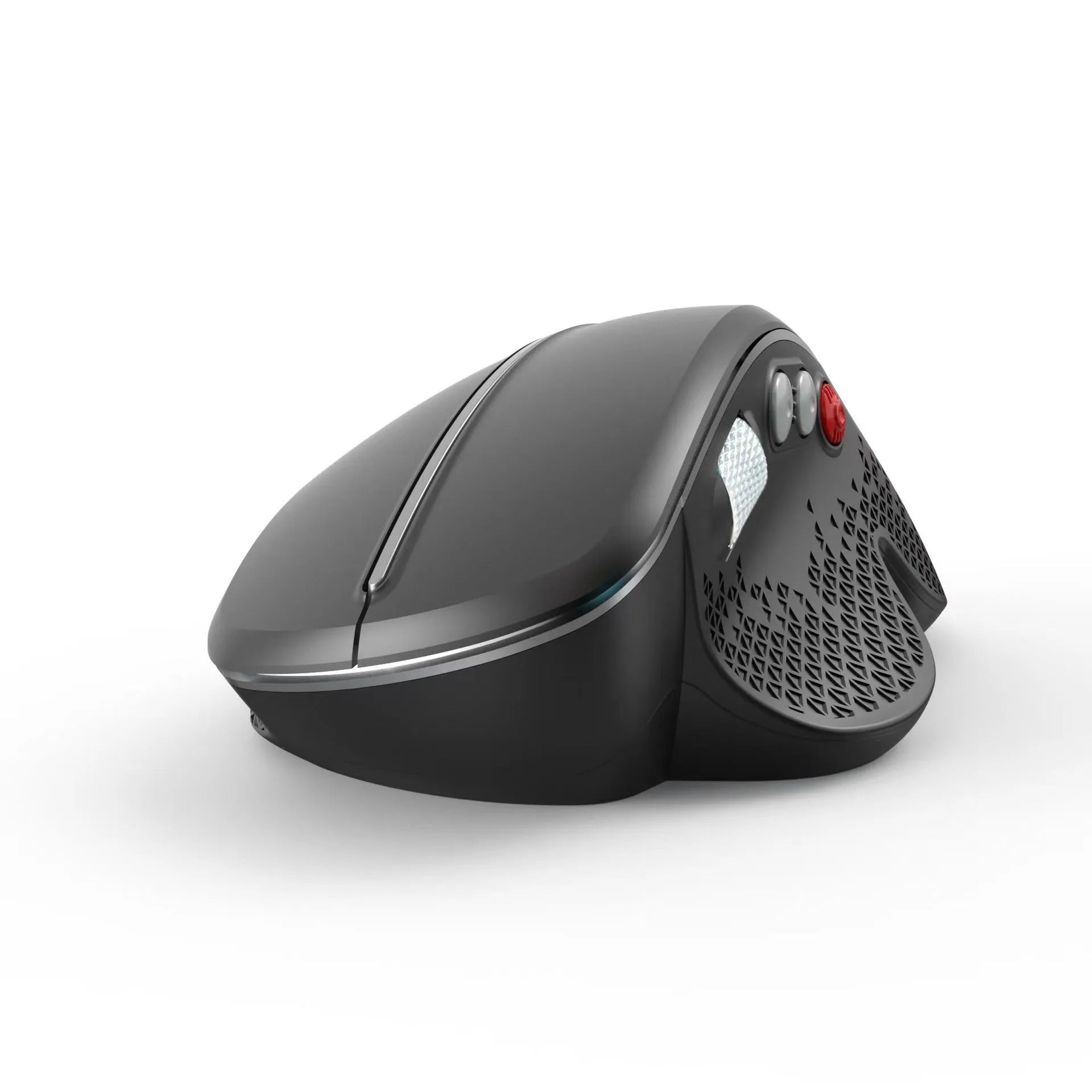 T32 Black and Silver wireless vertical ergonomic mouse with aluminium side roller on desk