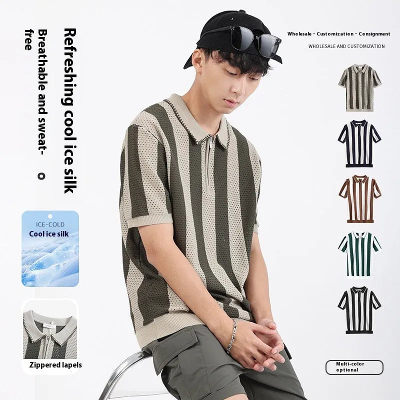 Man wearing a striped short sleeve ice silk sweater with decorative zipper details in a blue colour.