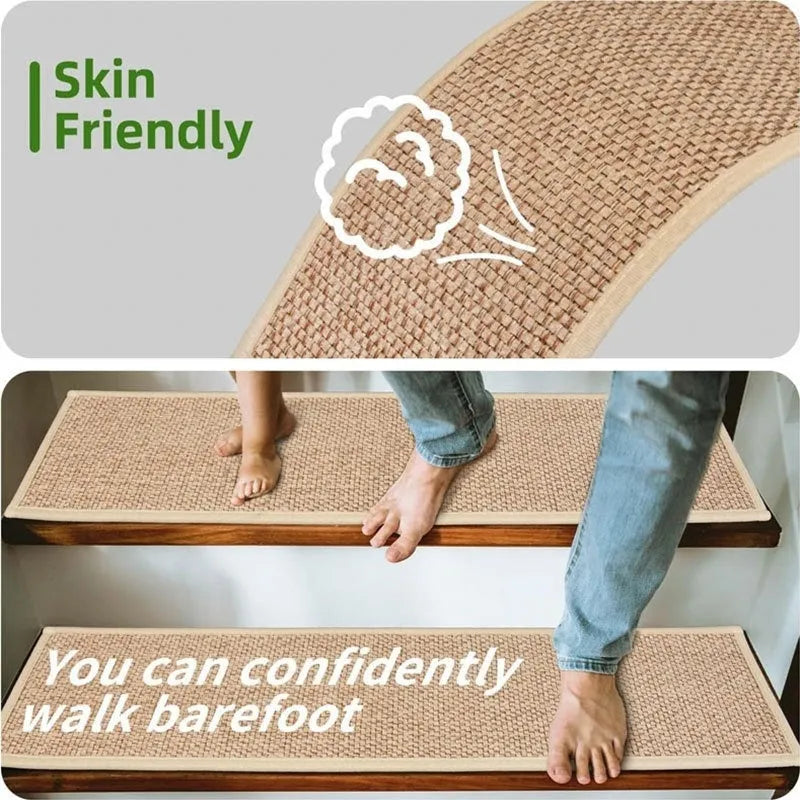 Japanese-style solid colour linen-look stair mat with rubber backing on a wooden step.