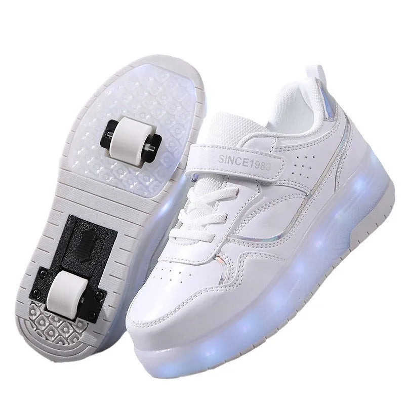 Boys and girls charging LED roller skates in multiple colours with light-up wheels