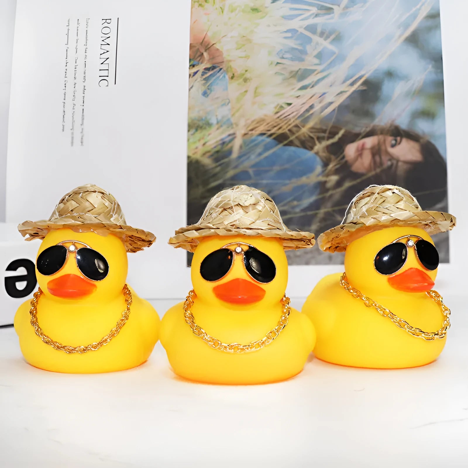 Yellow duck wearing straw hat car ornament with matte finish and included base glue
