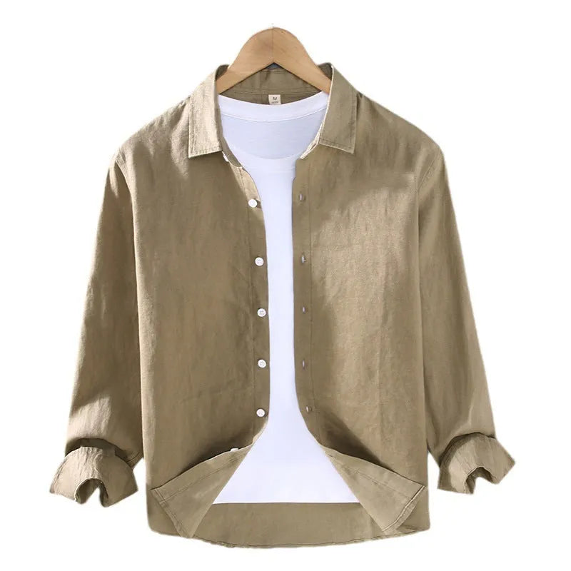 Men's solid colour linen cardigan shirt in ankarat red, showing long sleeves and simple design.