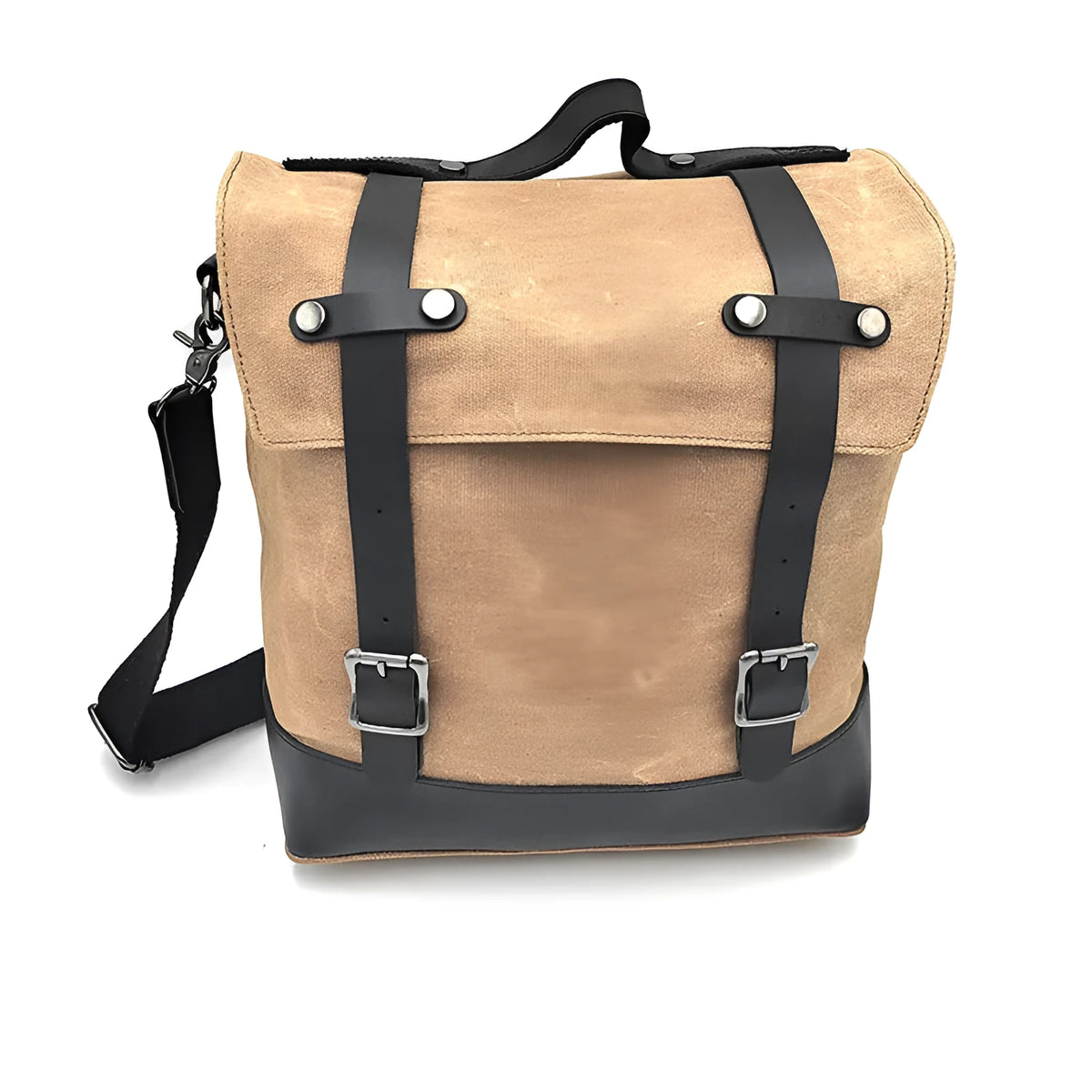 Motorcycle side pannier bag in black made from waterproof canvas with cowhide trim.