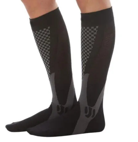 A pair of graduated compression socks for men and women in an athletic style, shown in a colour option like black or blue.