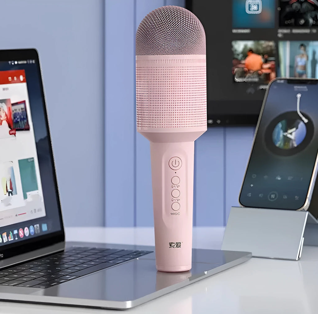 Wireless Bluetooth karaoke microphone in pink, blue, or green colour with USB port