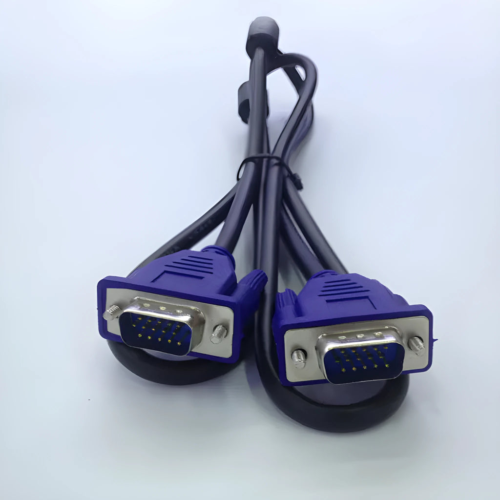 Black VGA cable with blue moulded connectors, 1.5 metres long, for connecting a computer to a monitor or TV.
