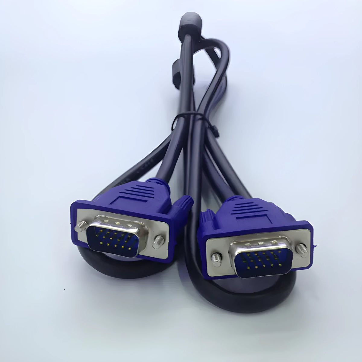 Black VGA cable with blue moulded connectors, 1.5 metres long, for connecting a computer to a monitor or TV.