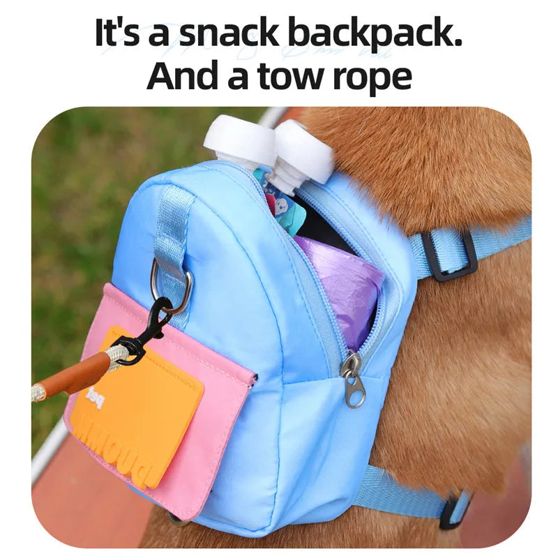 Blue adjustable dog backpack with harness and storage compartments for travel