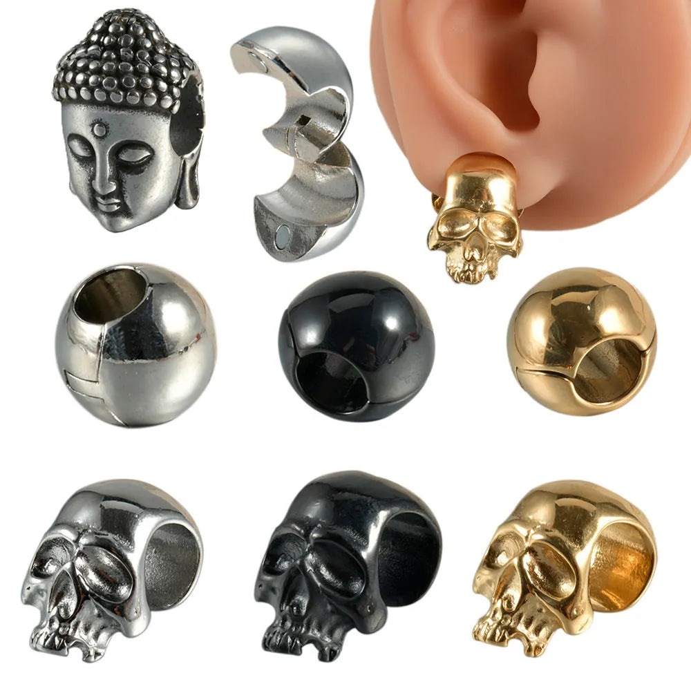 Stainless steel hollow skull Buddha earring in gold, black or steel colour for unisex hip hop fashion