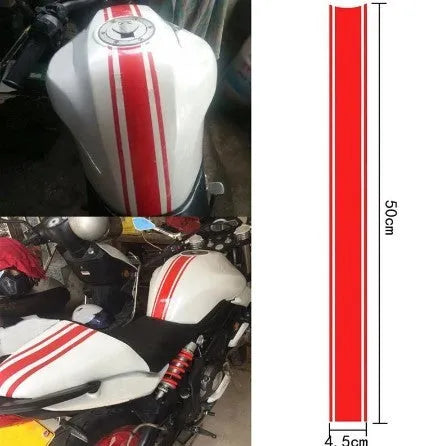 Motorcycle gas tank lid reflective pinstripe sticker measuring 50 by 4.5 cm in black, red, silver, yellow colours