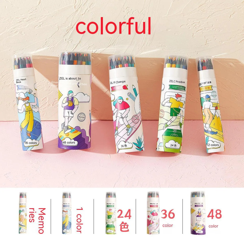 Zhenglin Sports Series colour pencil set for children with paper barrels, showing multiple colour lead options.