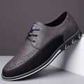 Men's leather casual shoes in black, grey, khaki, or orange with rubber sole and low-top design