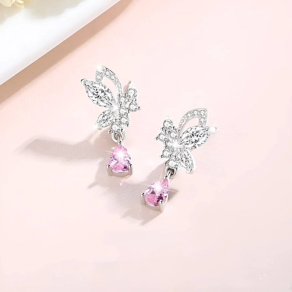 Women's butterfly crystal stud earrings in 925 sterling silver