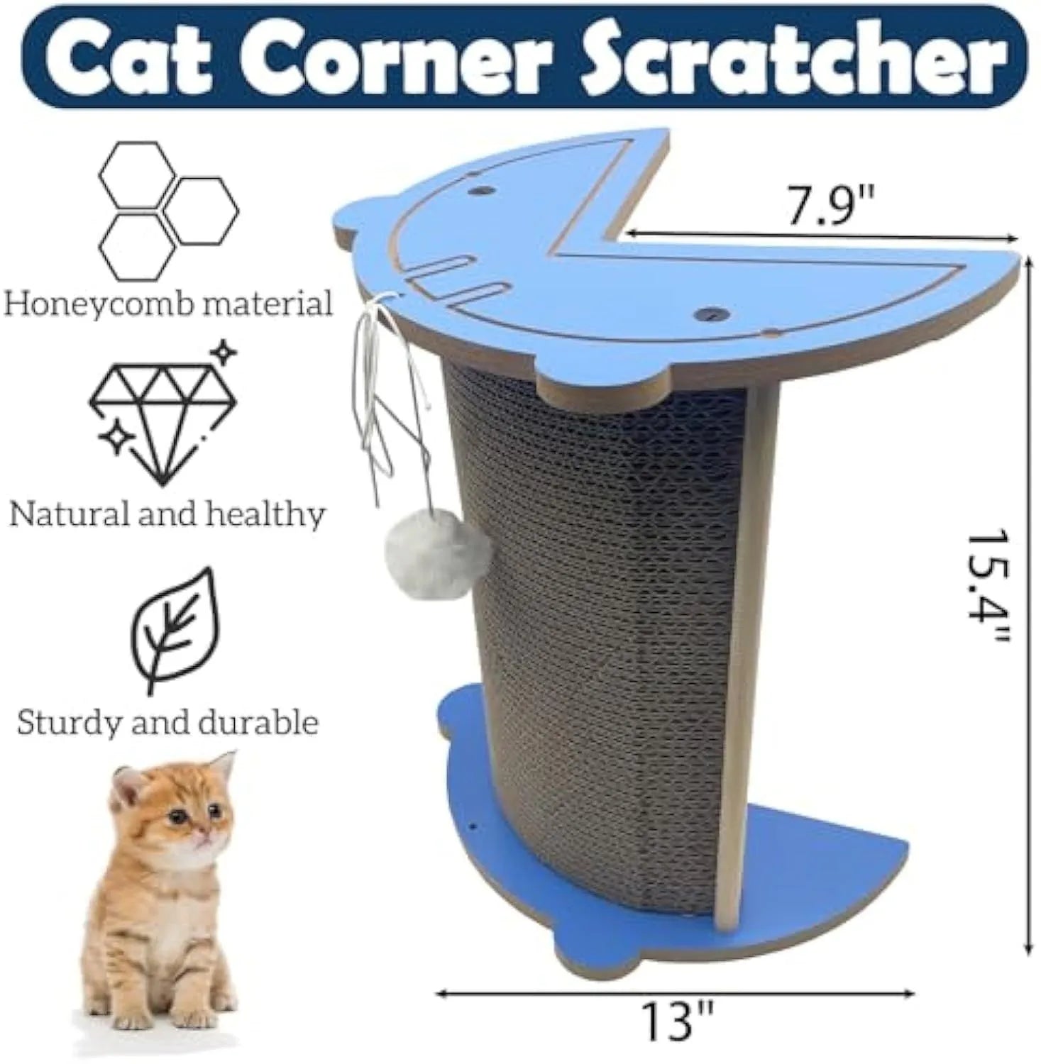 Grey cardboard cat scratching pad in a room corner with a hanging ball attached.