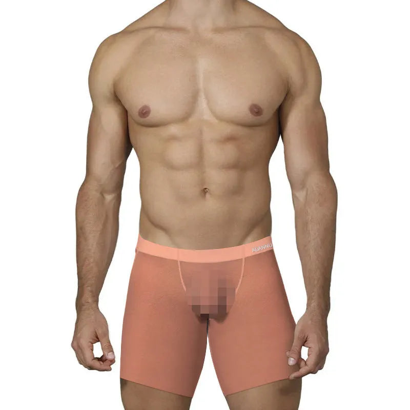Solid colour men's low waist boxer shorts in ice silk nylon fabric, shown in orange, pink, and red.