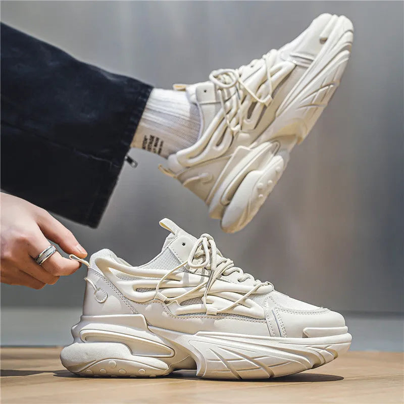 Men's beige sneaker with mesh and PU leather upper, round toe and platform heel