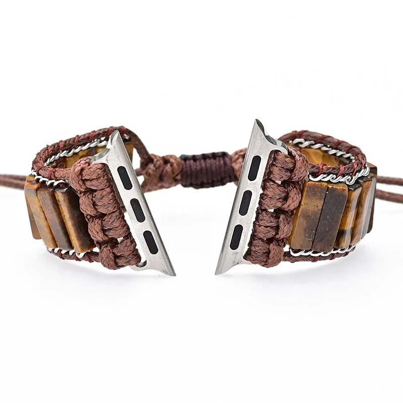 Rectangular tiger eye stone chain watch strap bracelet with adjustable textile band on wrist