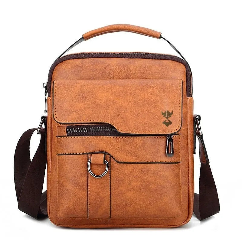 Khaki PU leather men's shoulder bag showing square vertical shape and internal mobile phone pocket
