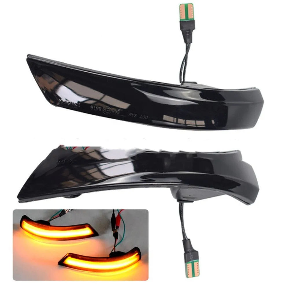 Pair of ABS rearview mirror waterfall lights for Ford Focus and Mondeo, showing yellow and blue two-tone option.