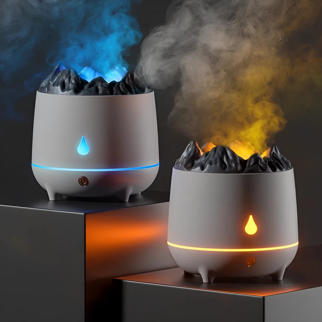 Black and white volcano-shaped ultrasonic humidifier with USB cable for rooms up to 20 square metres