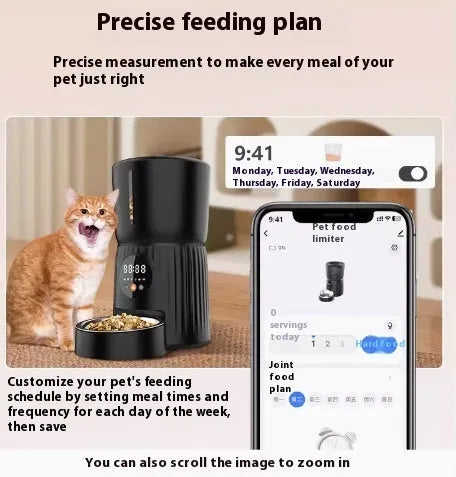 Black intelligent pet feeder with automatic timing and USB power connection for remote feeding