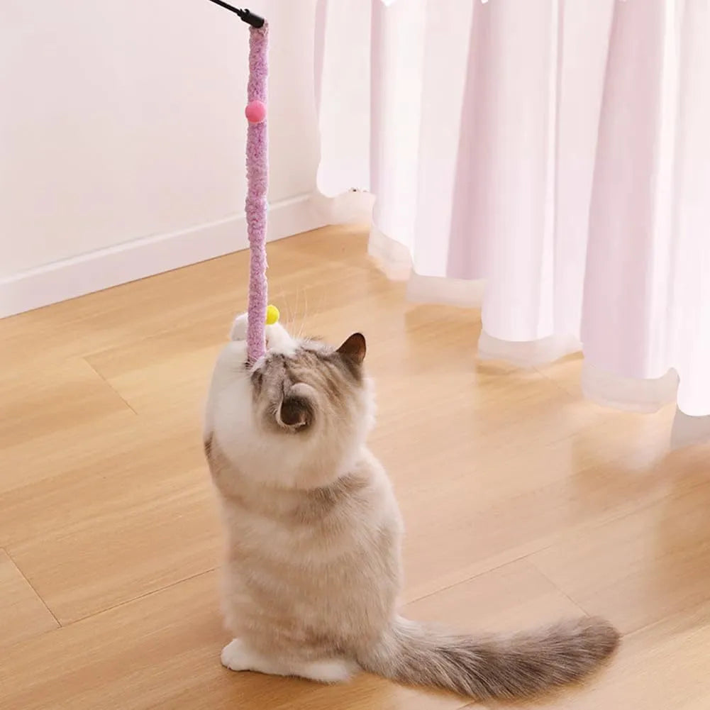 Colourful cat wand toy with plush strip and bell ball on 41cm pole