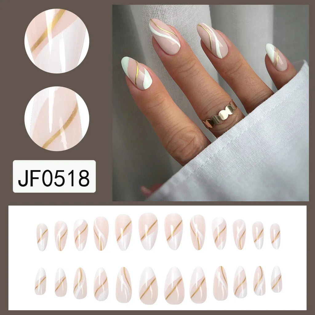 Golden lines plaid pattern wearable nail stickers in JF0518 jelly glue colour with medium drop shape design