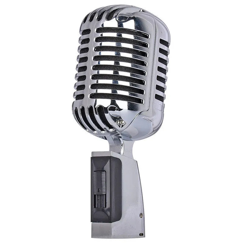 Retro metal wired microphone in black or silver colour with cardioid pickup pattern