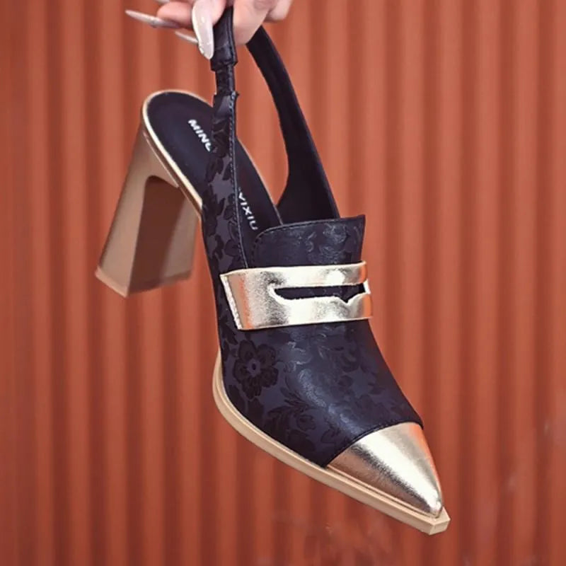 Women's black pointed-toe strap sandals with chunky high heel and elastic band