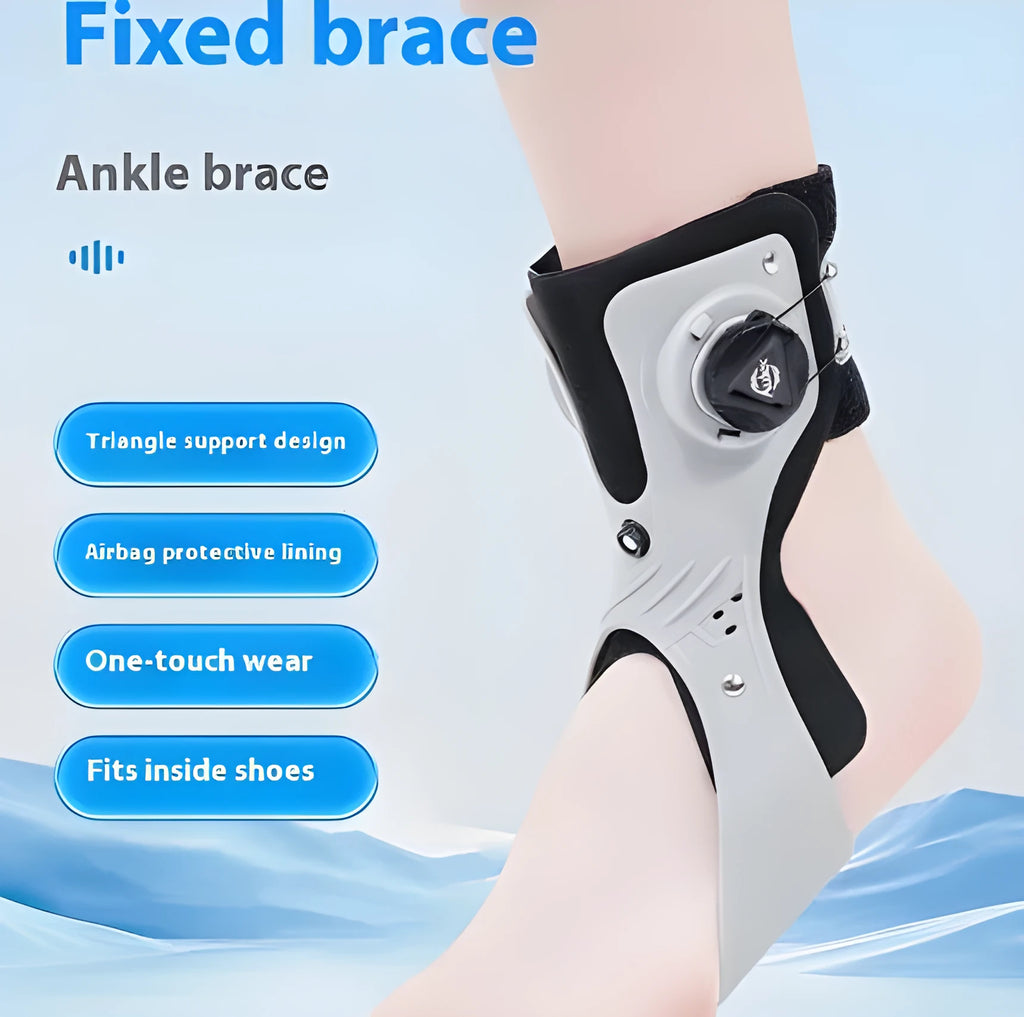 Grey adjustable ankle support brace with airbag button, shown on a left foot.