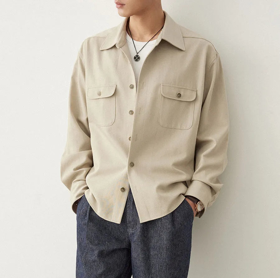 Men's long sleeve formal shirt with a cotton lapel, shown in light sand rice colour.