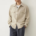 Men's long sleeve formal shirt with a cotton lapel, shown in light sand rice colour.
