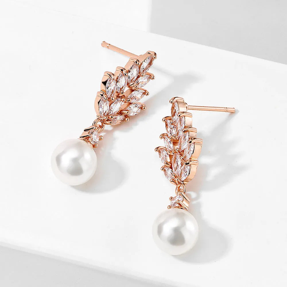 Geometric flower earrings with micro inlaid zircon pearls in gold, white gold, and rose gold plating options