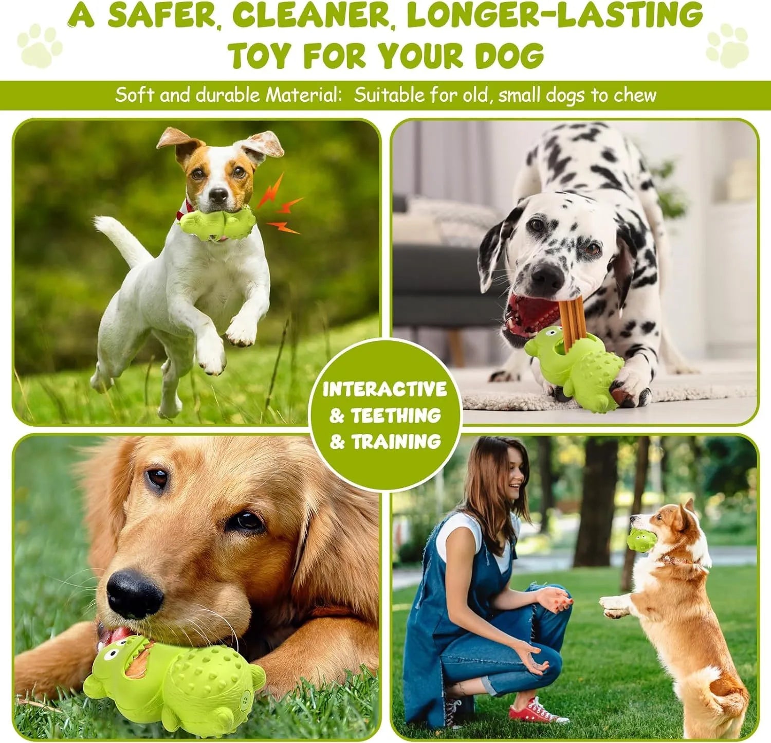 Green and yellow natural rubber squeaky dog toy with thick textured surface for aggressive chewers