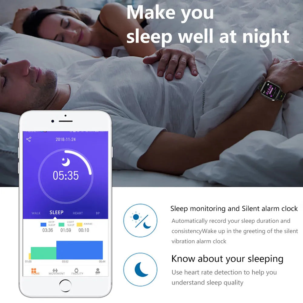 F16 smart watch with ECG monitor showing blood pressure and heart rate display on black silicone wristband