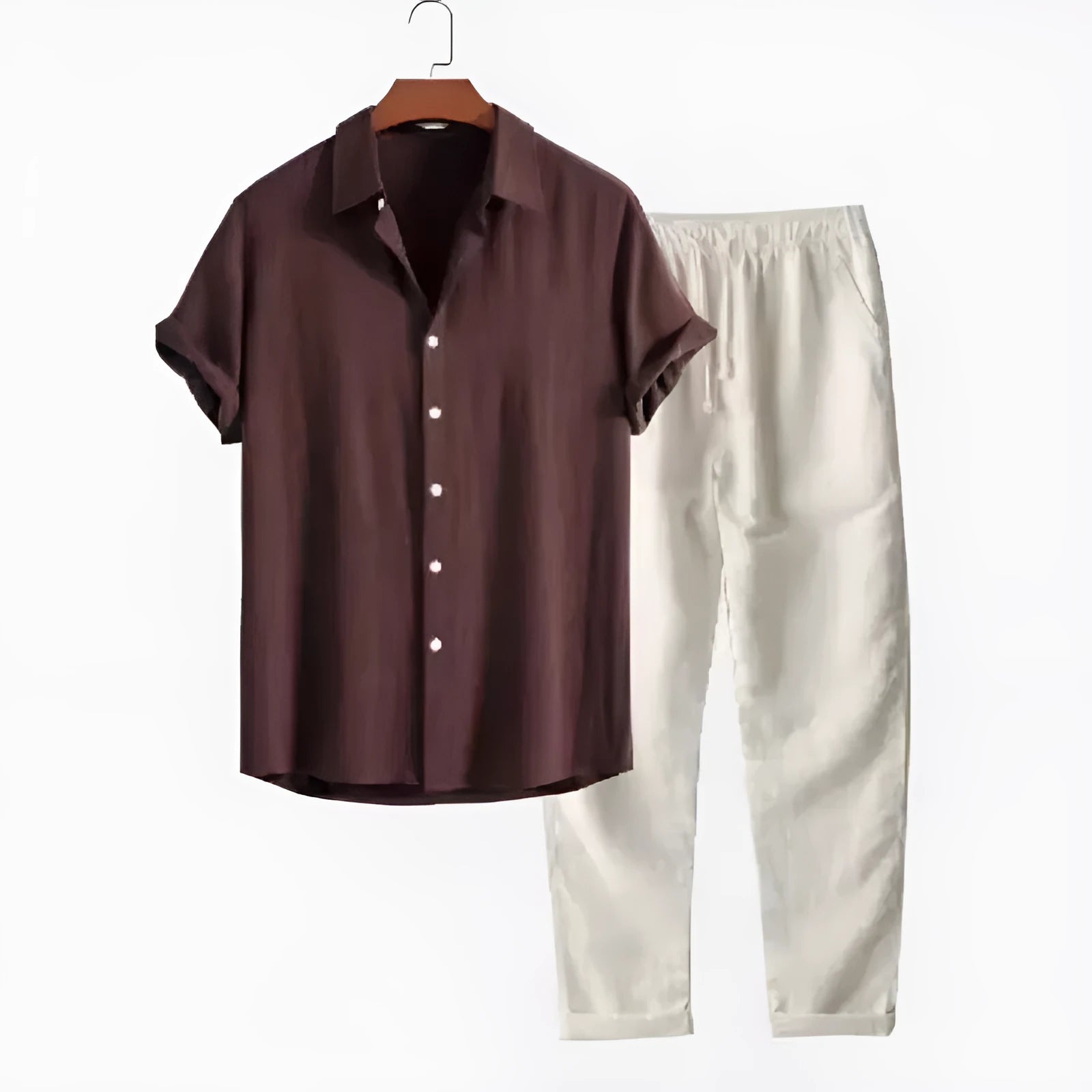 Men's casual linen-style suit set with short sleeve shirt and loose fit trousers in multiple colour options