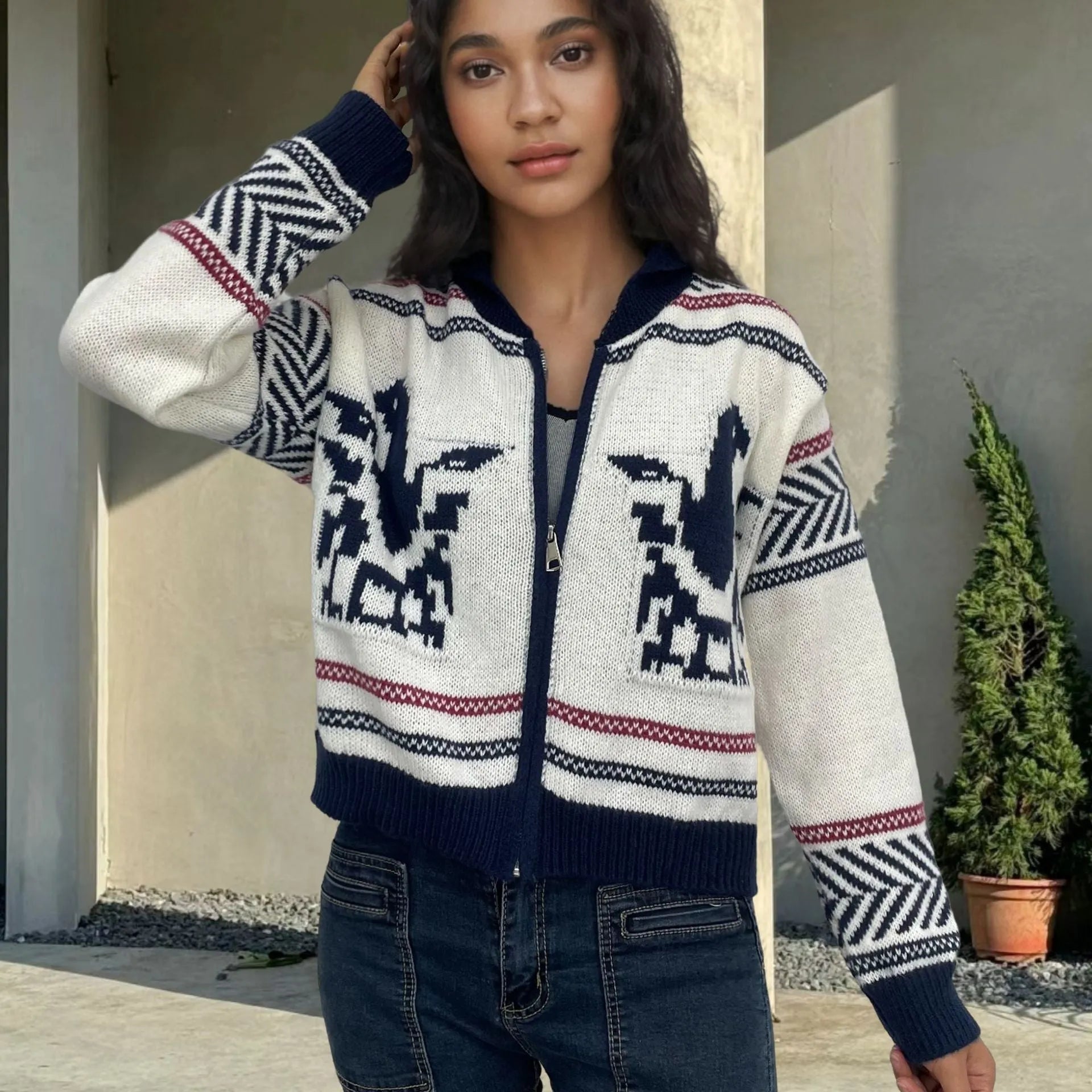 White women's zipper cardigan with contrast jacquard stripe pattern and lapel collar
