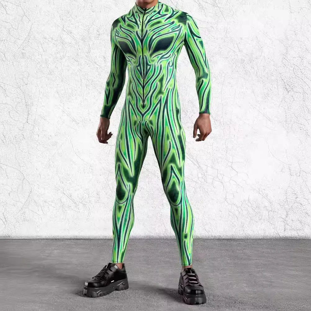 Adult 3D digital print cosplay jumpsuit in stretch spandex, one-piece Halloween costume, sizes S to 4XL