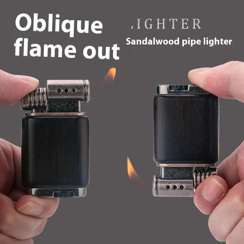 Black wood ebony gas lighter with rosewood sun face, good luck, and pipe carvings