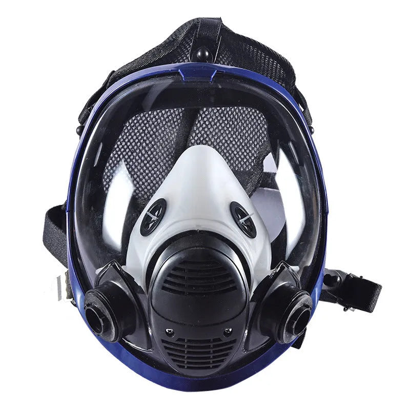 Blue edge spherical full face gas mask with trapezoidal canister and silicone seal