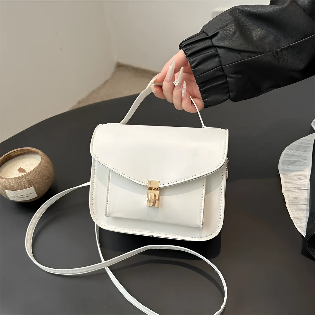 Urban simplicity horizontal square PU crossbody bag with sewing line details and nylon lining in black, white, red, or dark brown