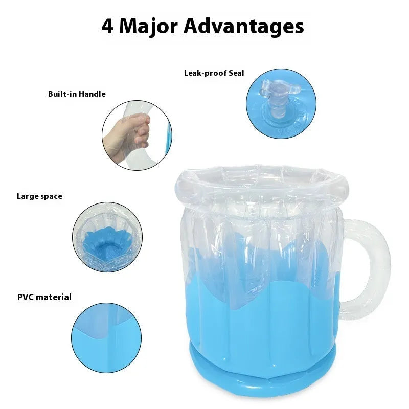 Yellow inflatable PVC ice bucket for beer steins and drink cans at an outdoor setting.