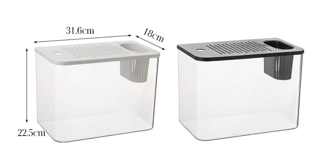 Medium size plastic betta fish tank with lid in black or white colour measuring 32x18.5x23cm