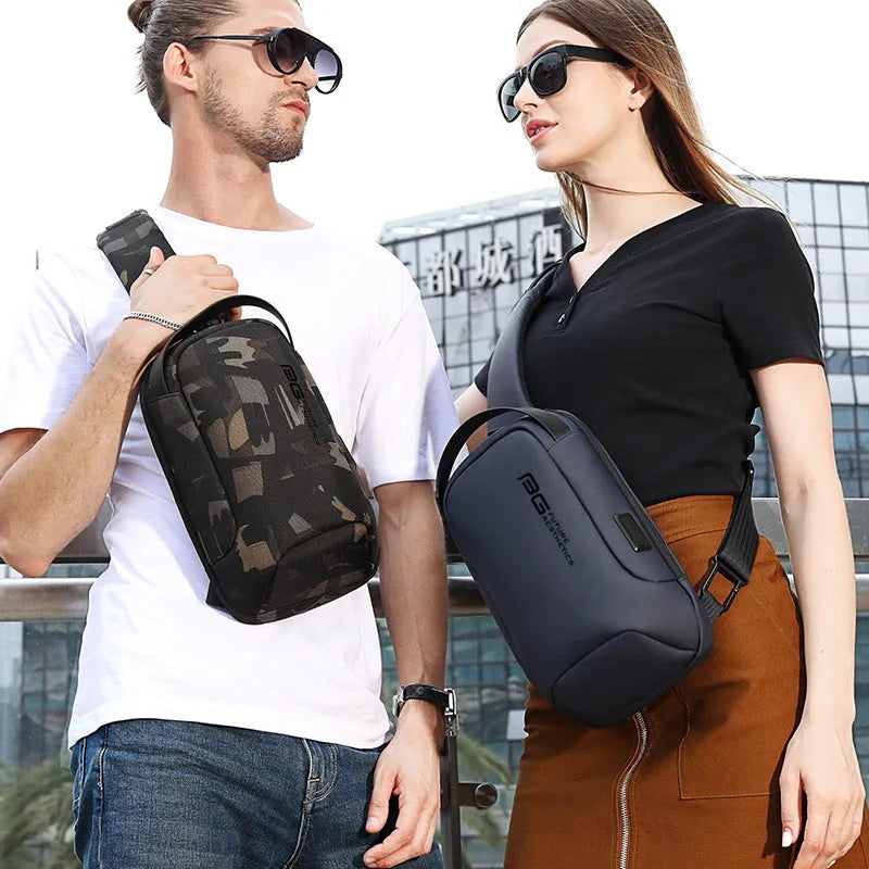 Men's Oxford cloth USB shoulder bag for business travel in blue colour with letter detail