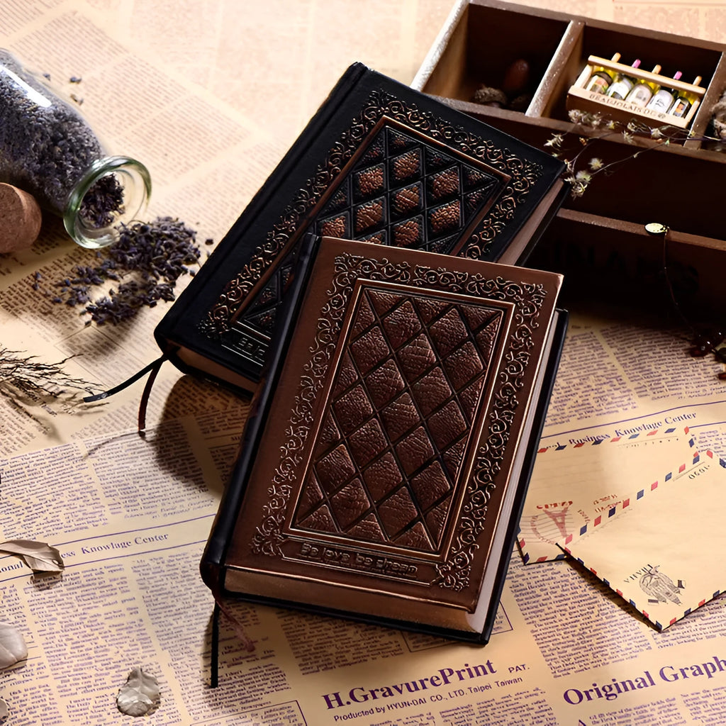 Embossed faux leather notebook with three-dimensional texture in Black Gold or Bronze colour option