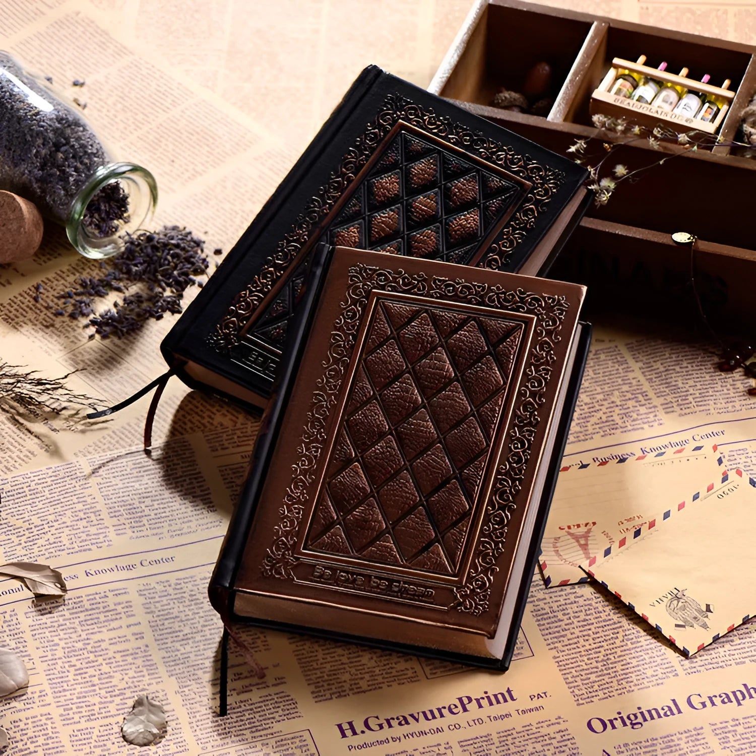 Embossed faux leather notebook with three-dimensional texture in Black Gold or Bronze colour option