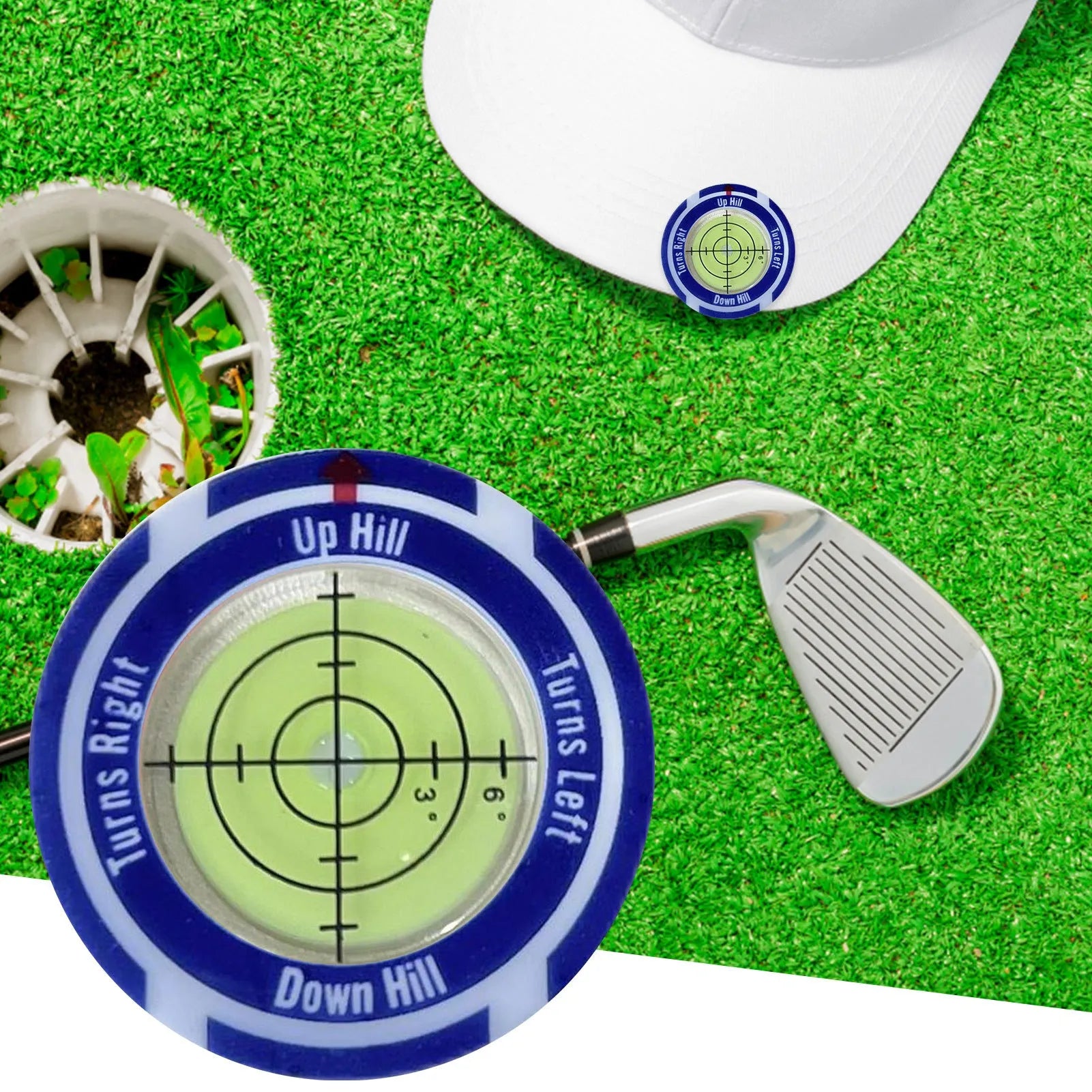 Golf level tool with clip for hat attachment showing position mark indicator