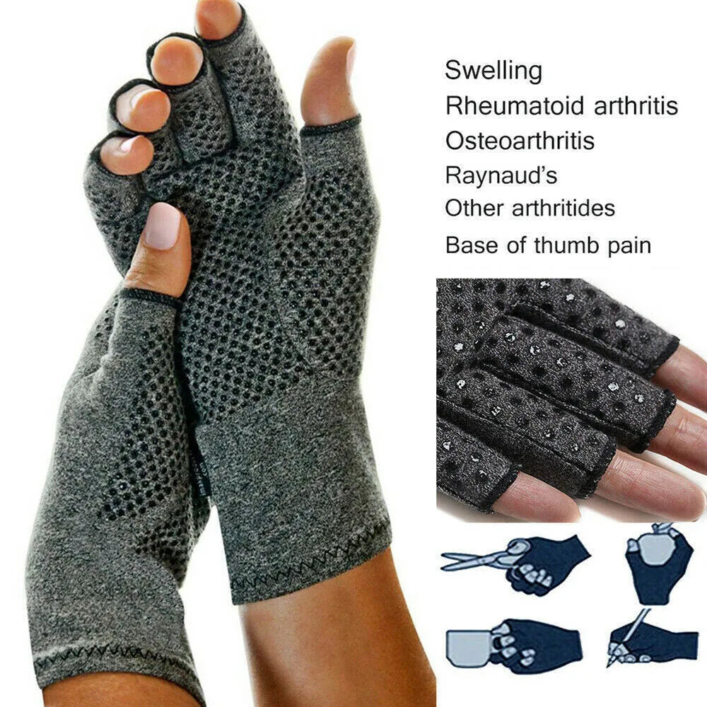 Grey half-finger compression glove with anti-slip palm, showing stretchy trueran spandex fabric and open fingertips.