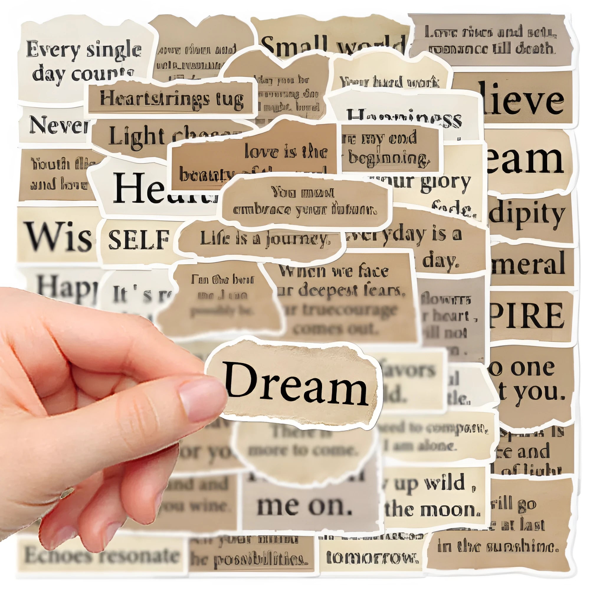 Pack of 25 torn English style PVC waterproof stickers for laptop and notebook decoration measuring 4-7cm