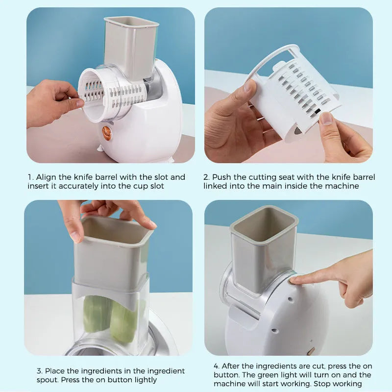 White electric vegetable slicer with rotary grater and suction base for automatic food preparation